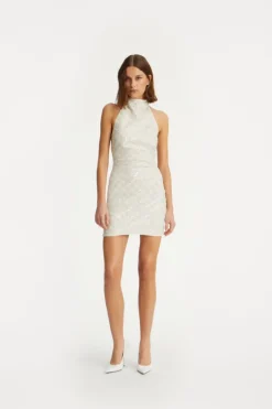 Beaded Halterneck Dress Creme White