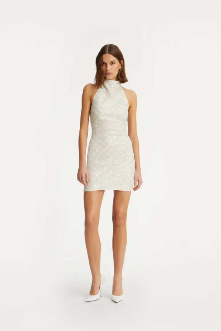Beaded Halterneck Dress Creme White
