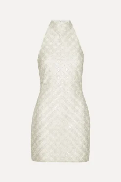 Beaded Halterneck Dress Creme White