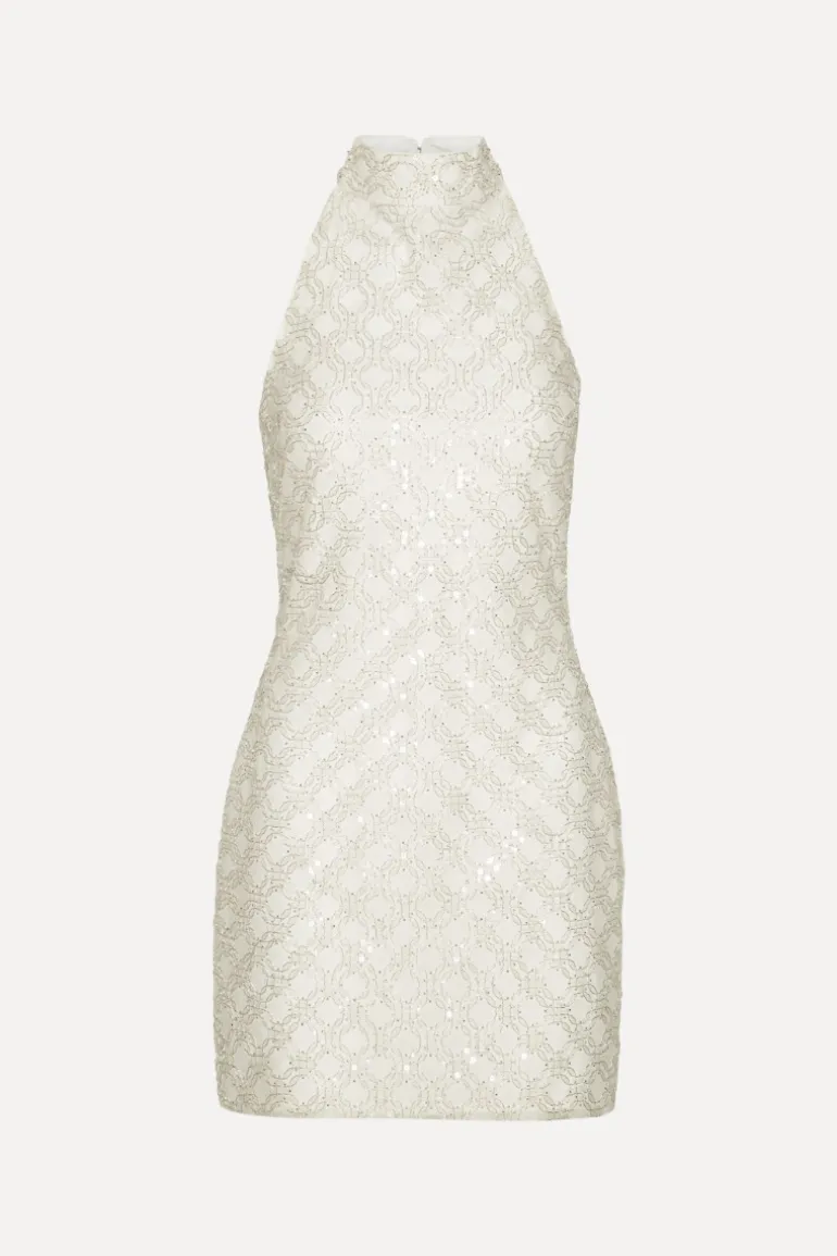 Beaded Halterneck Dress Creme White