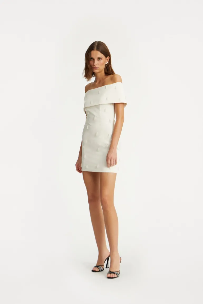 Beaded Satin Mini Dress Creme White