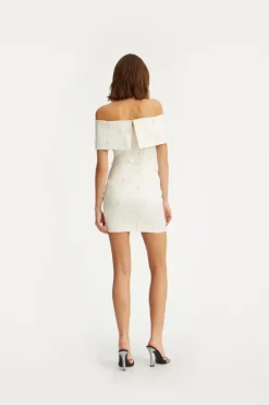 Beaded Satin Mini Dress Creme White
