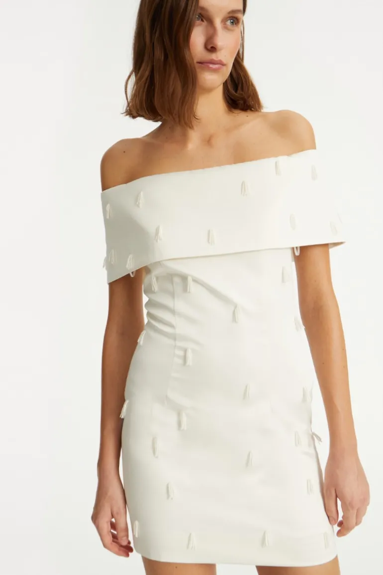 Beaded Satin Mini Dress Creme White