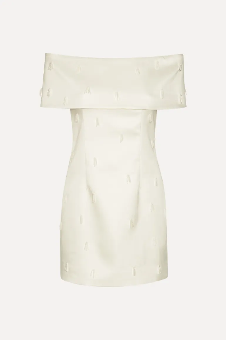 Beaded Satin Mini Dress Creme White