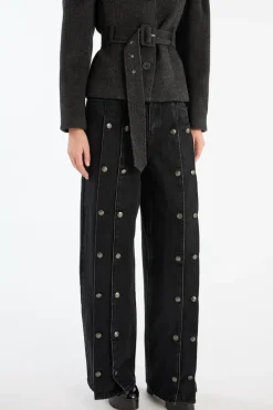 Button Detail Wide Jeans Black