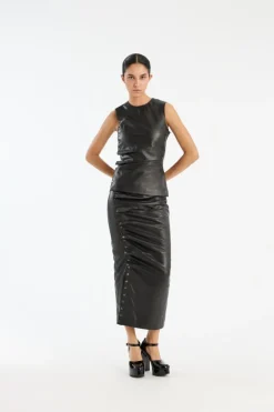 Buttoned Leather Top Black