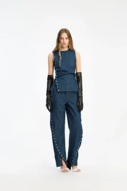 Buttoned Wide Leg Jeans Dark Blue