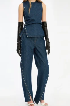 Buttoned Wide Leg Jeans Dark Blue