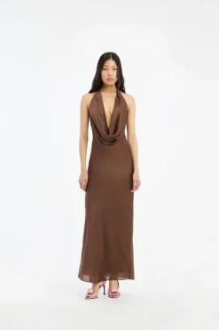 Chiffon Halter Dress Dark Brown