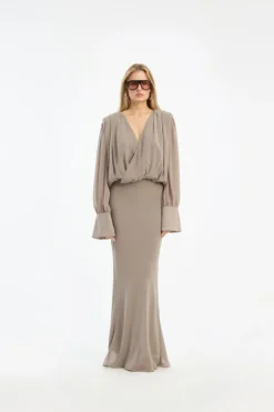 Chiffon Ls Maxi Dress Taupe