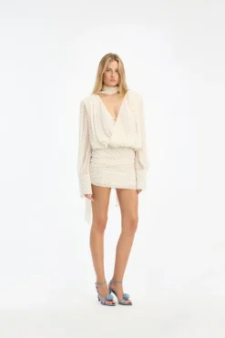 Chiffon Ls V-neck Dress Creme