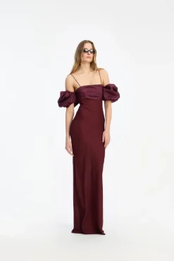 Chiffon Puff Sleeve Dress Burgundy