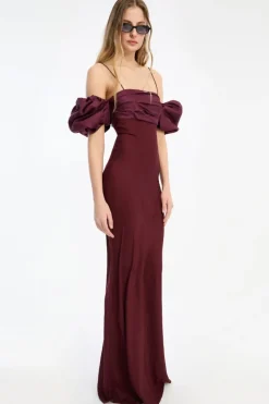 Chiffon Puff Sleeve Dress Burgundy