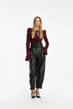 Chiffon Ruched Ls Top Burgundy