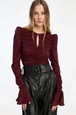 Chiffon Ruched Ls Top Burgundy