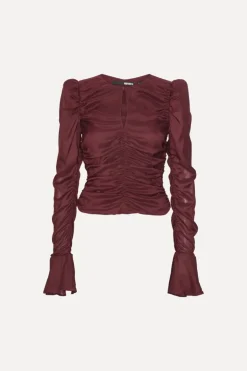 Chiffon Ruched Ls Top Burgundy