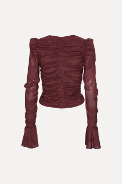 Chiffon Ruched Ls Top Burgundy