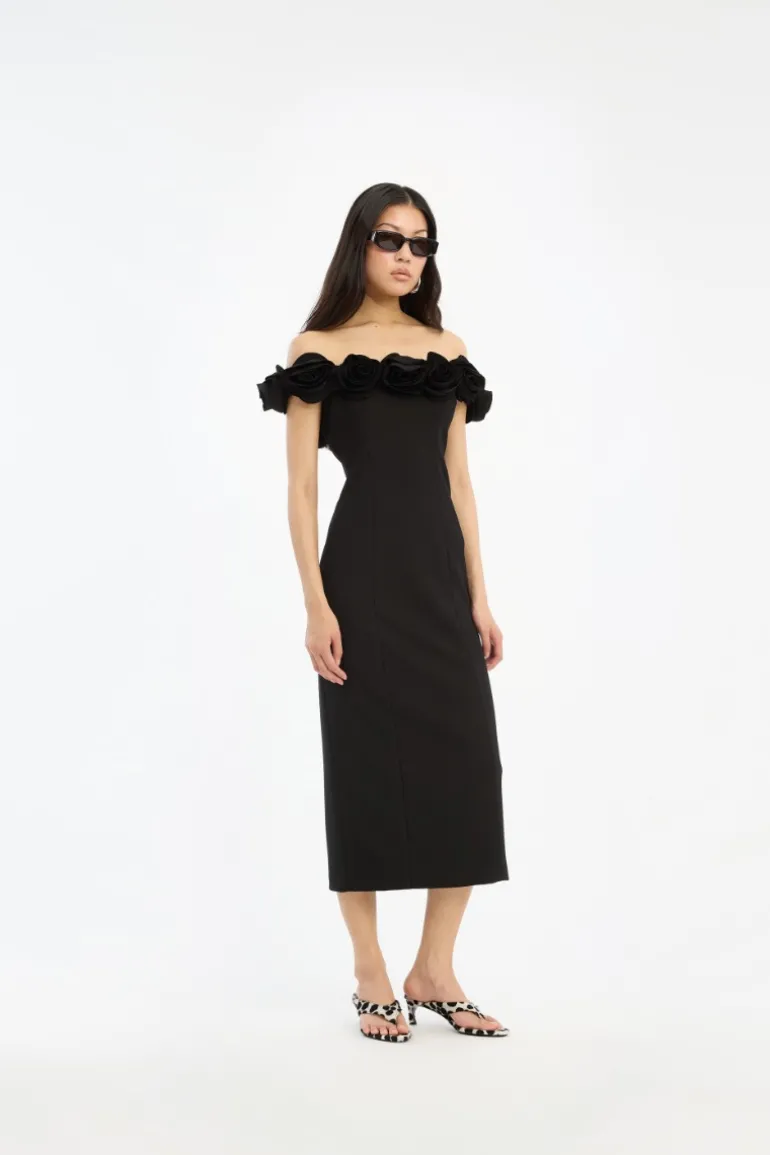 Crepe Midi Flower Dress Black