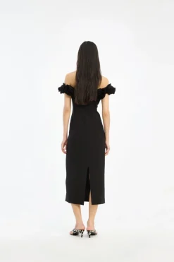 Crepe Midi Flower Dress Black