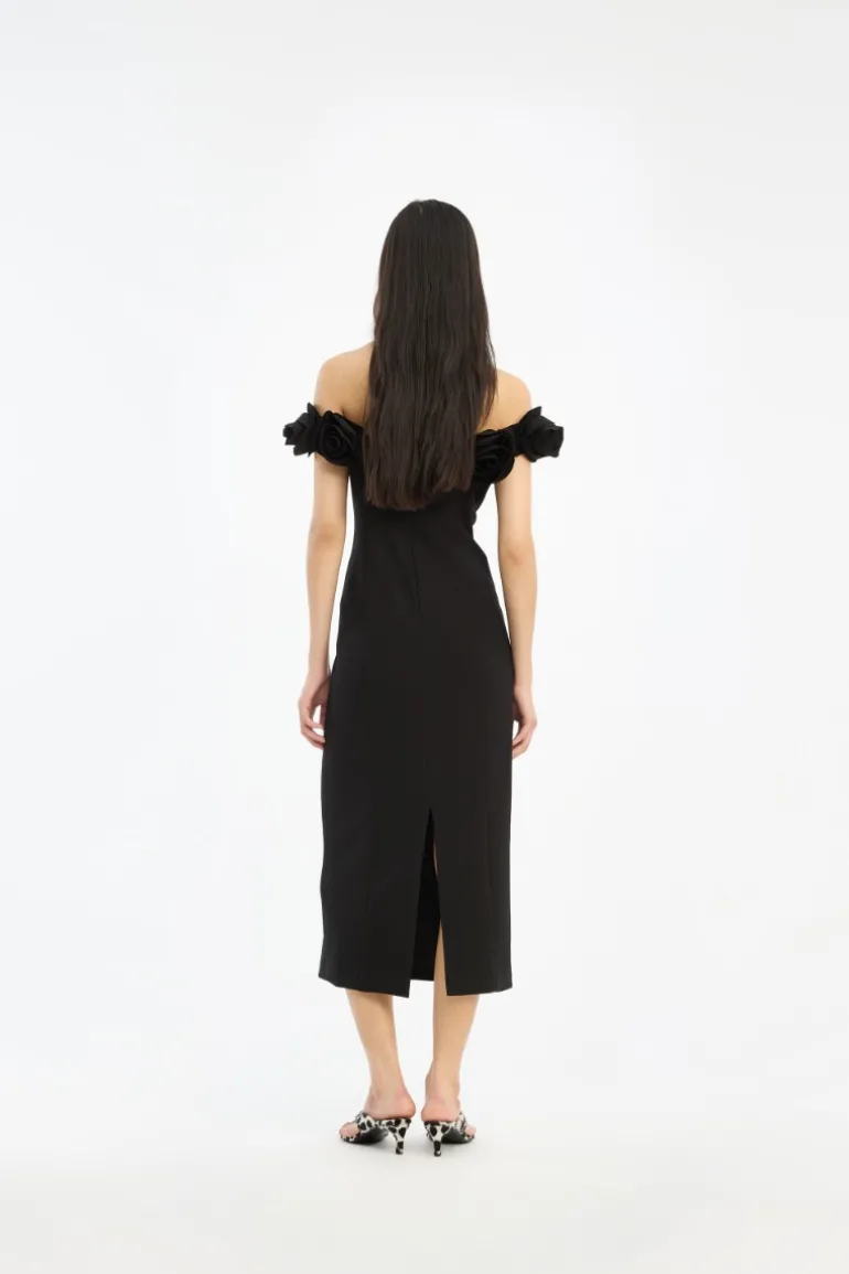 Crepe Midi Flower Dress Black