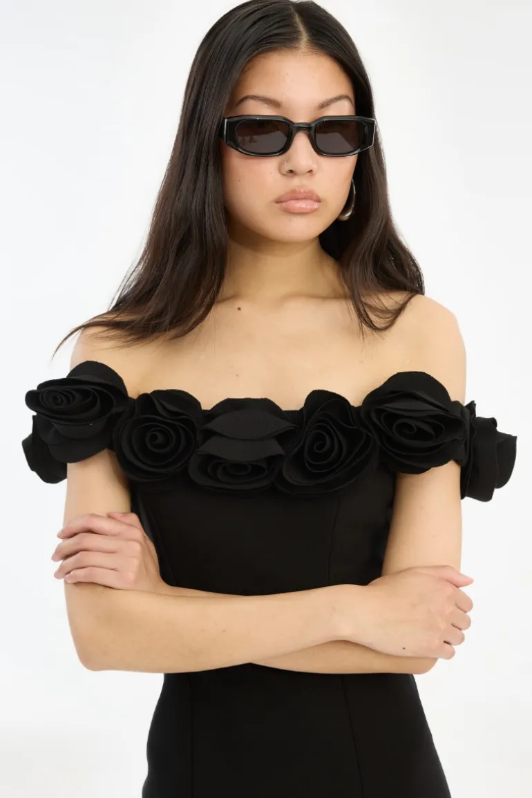 Crepe Midi Flower Dress Black