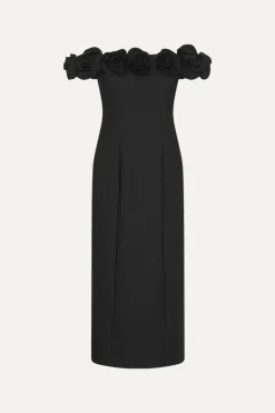 Crepe Midi Flower Dress Black