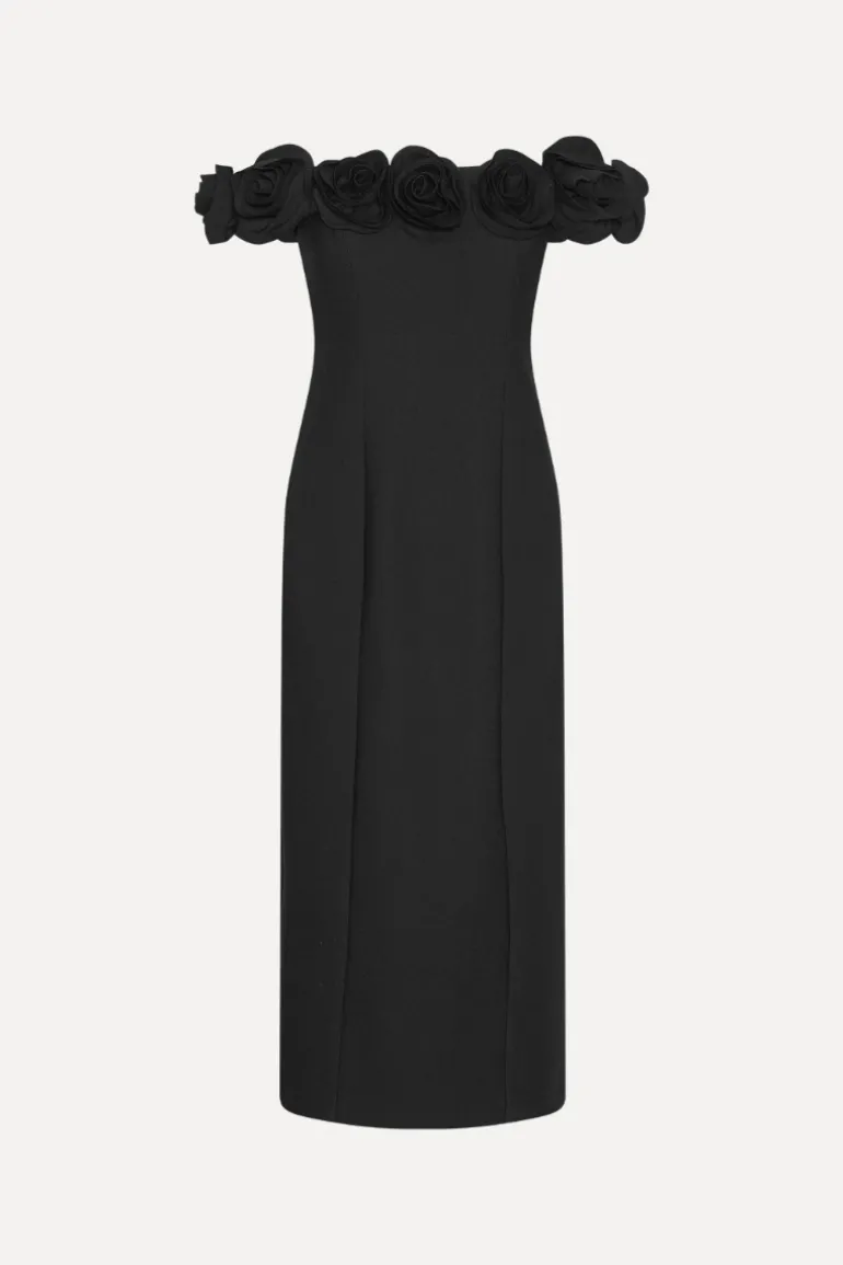 Crepe Midi Flower Dress Black