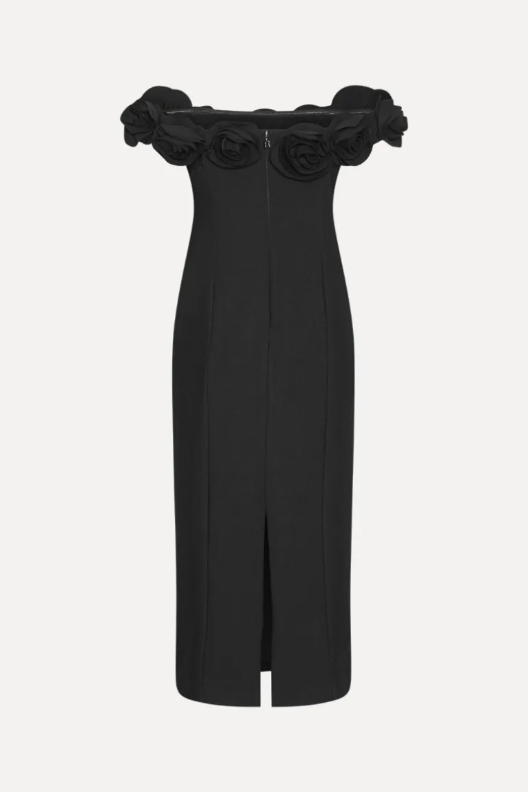 Crepe Midi Flower Dress Black
