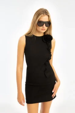 Crepe Mini Flower Dress Black