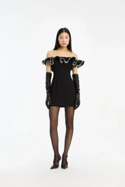 Crepe Mini Ruffle Dress Black