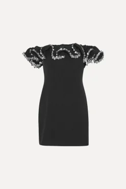 Crepe Mini Ruffle Dress Black