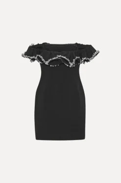 Crepe Mini Ruffle Dress Black