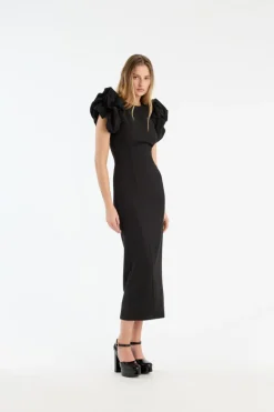 Crepe Puffy Midi Dress Black