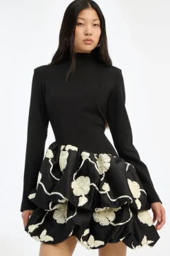 3d Flower Bubble Dress Black