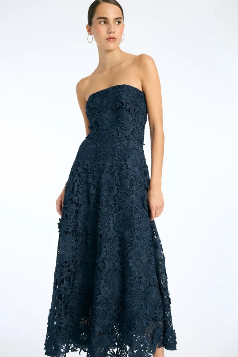 3d Lace Flared Midi Dress Dark Blue