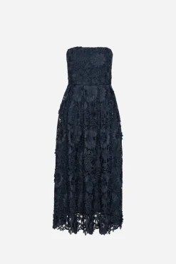 3d Lace Flared Midi Dress Dark Blue