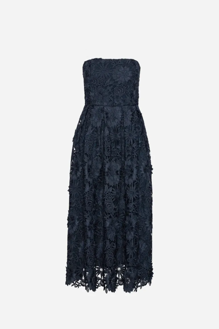 3d Lace Flared Midi Dress Dark Blue