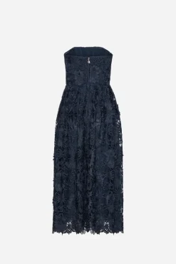 3d Lace Flared Midi Dress Dark Blue