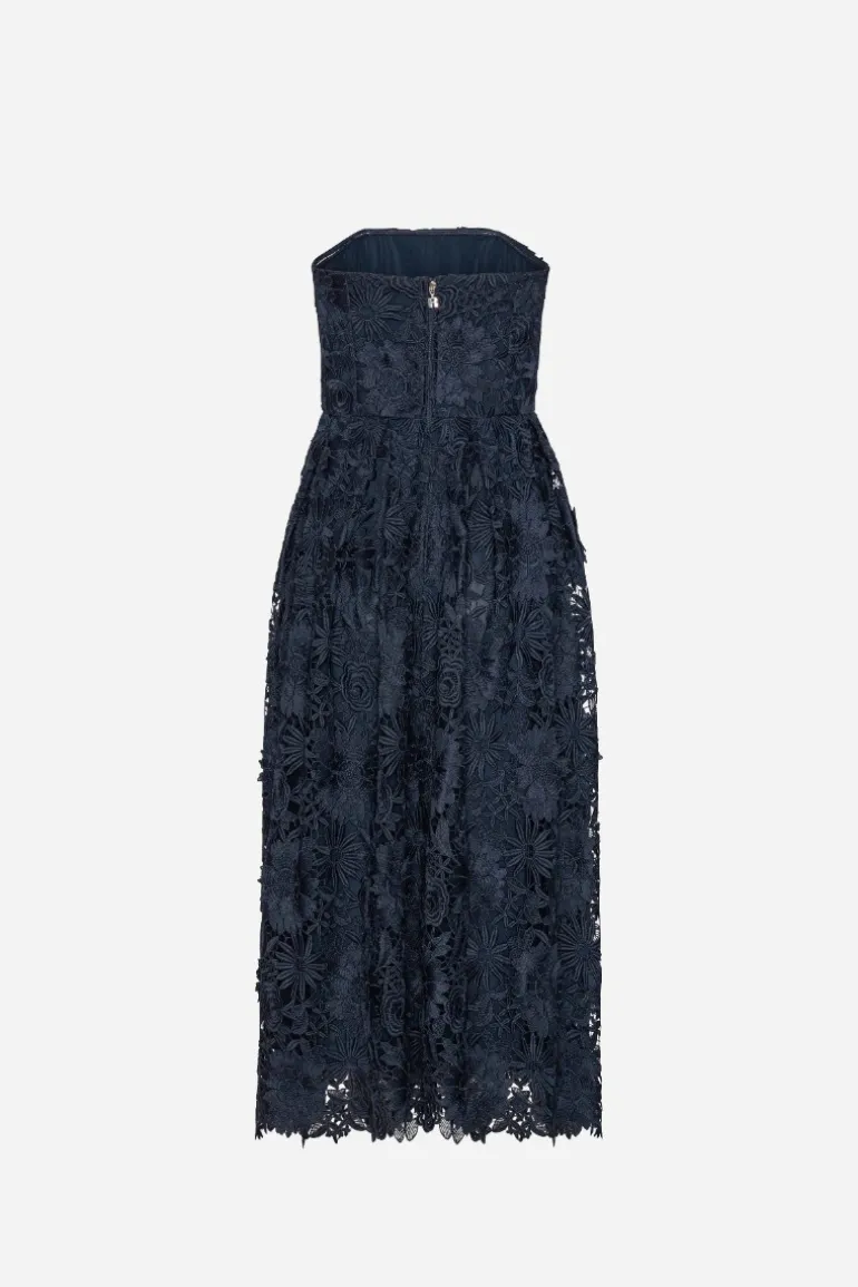 3d Lace Flared Midi Dress Dark Blue