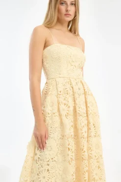 3D Lace Flared Midi Dress Yellow