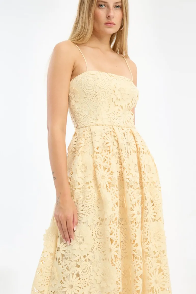 3D Lace Flared Midi Dress Yellow