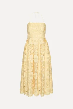 3D Lace Flared Midi Dress Yellow