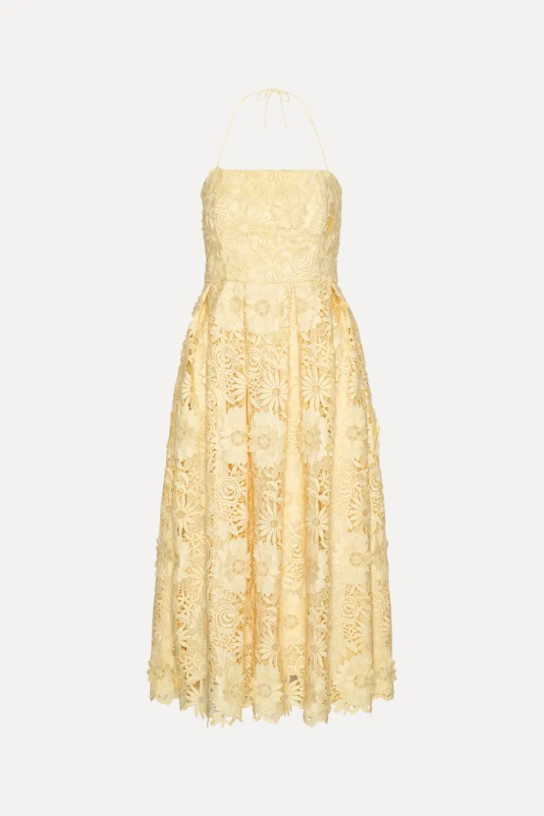 3D Lace Flared Midi Dress Yellow