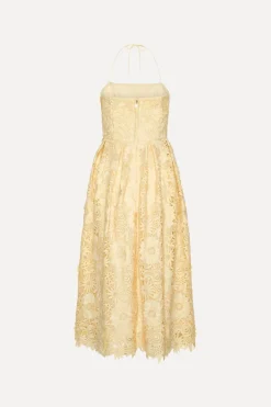 3D Lace Flared Midi Dress Yellow