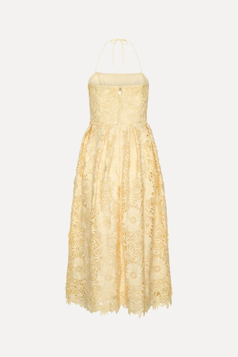 3D Lace Flared Midi Dress Yellow