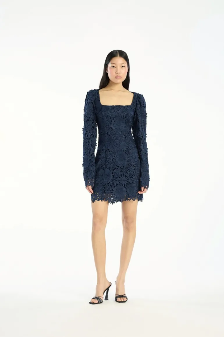 3d Lace Ls Mini Dress Dark Blue