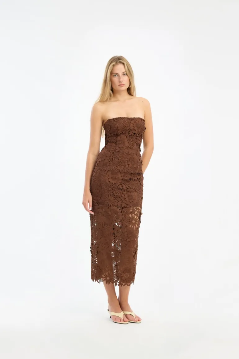 3D Lace Midi Dress Dark Brown