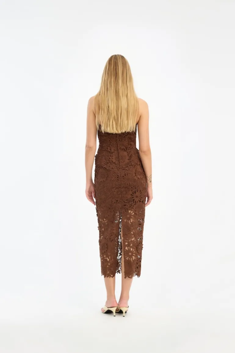3D Lace Midi Dress Dark Brown