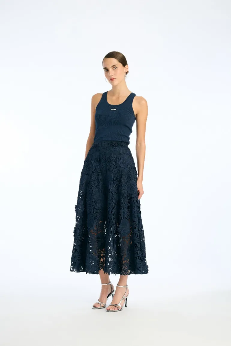 3d Lace Midi Skirt Dark Blue