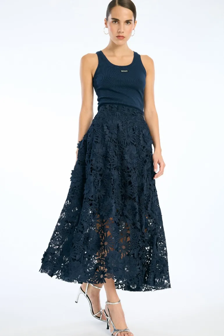 3d Lace Midi Skirt Dark Blue